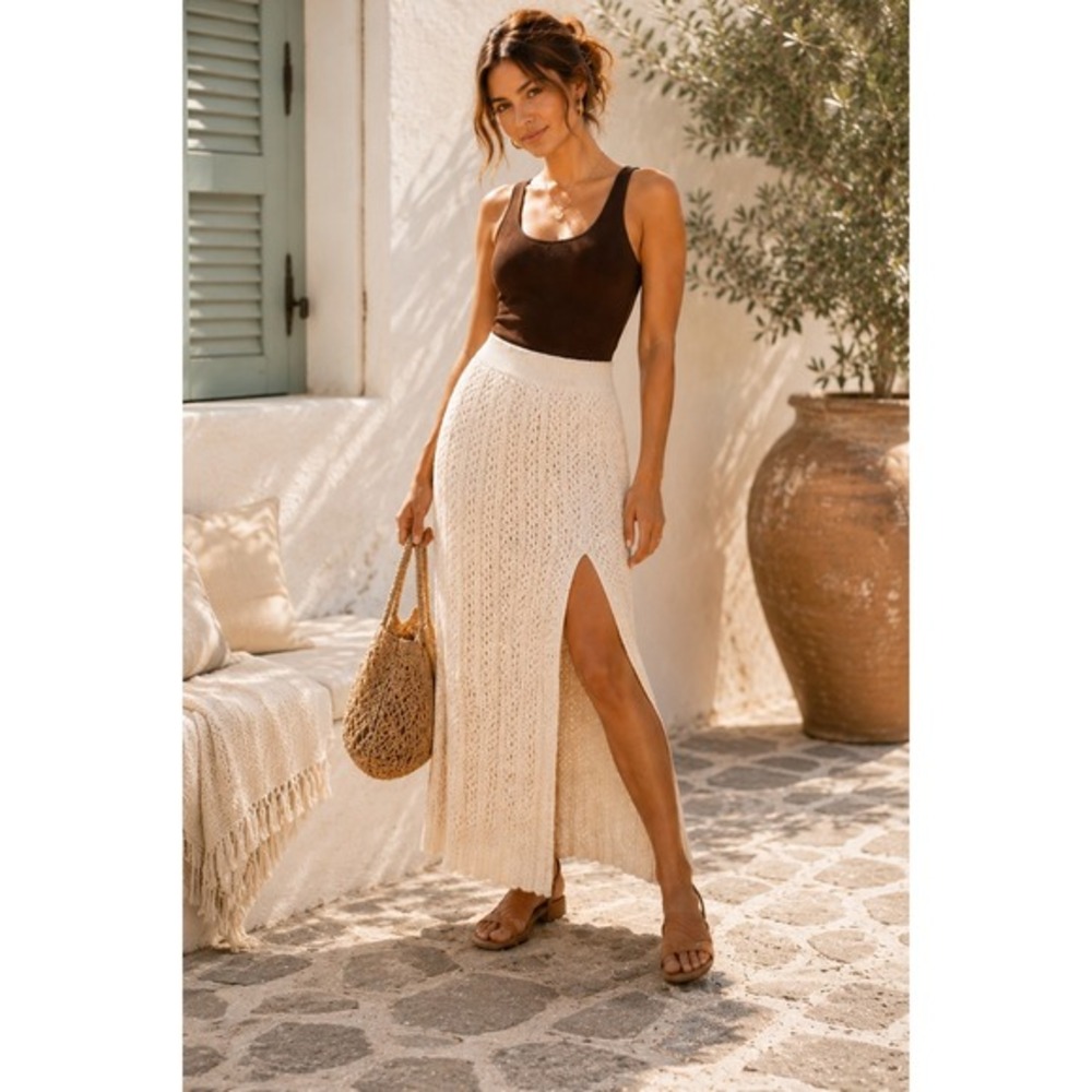 Willow & Wind Pointelle Cable Knit Maxi Skirt Women L Cream Coastal Resort Vacay